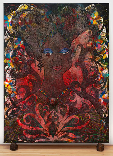 Chris Ofili, "Princess of the Posse," 1999, acrylic, collage, glitter, resin, map pins and elephant dung on canvas, 96 x 72". Collection SFMOMA, © Chris Ophili
